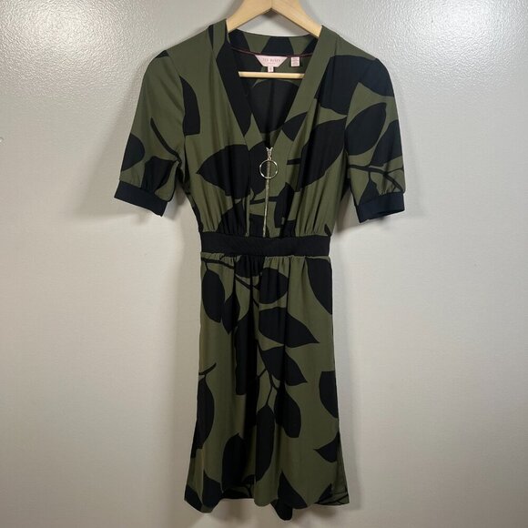 Ted Baker Telavee Maple Leaf Dress Size 0 US 0-2 Green Work Career Office - Picture 2 of 12